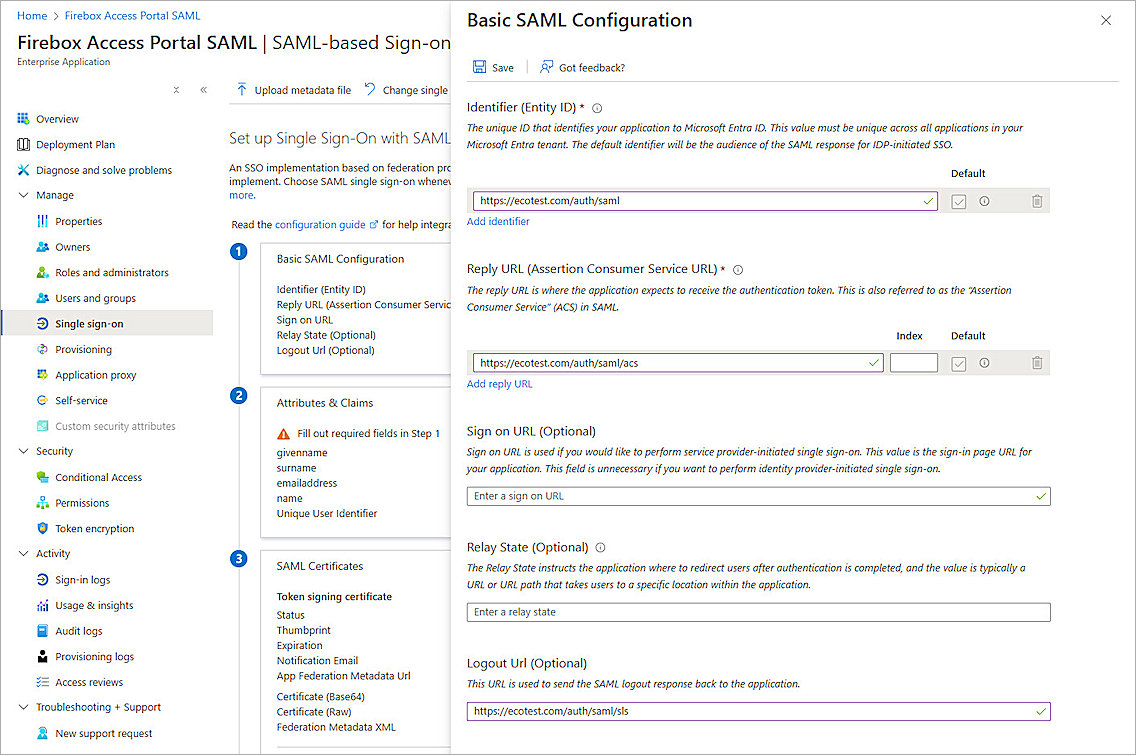 Screenshot of Entra ID, Azure SAML app setup 5